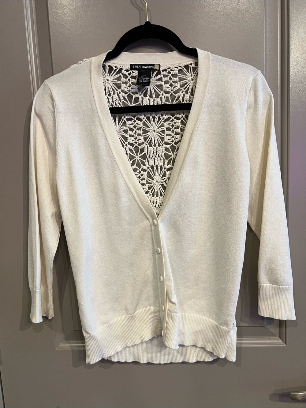 White Silk Blend Sweater Cardigan with Crochet Back - SWEATERWORKS